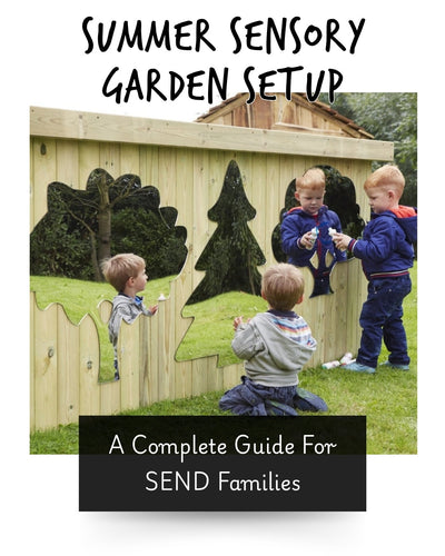 summer sensory garden setup blog. two small children playing in the garden with tree shaped mirrors for sensory exploration