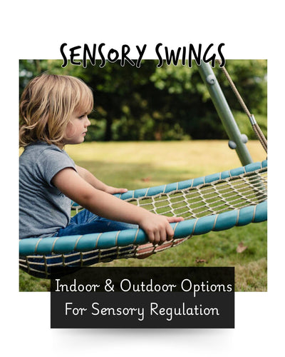 sensory swings for sensory regulation. image of a small child on a net swing outdoors