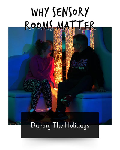 a man and woman sat in a sensory room looking at a bubble tube