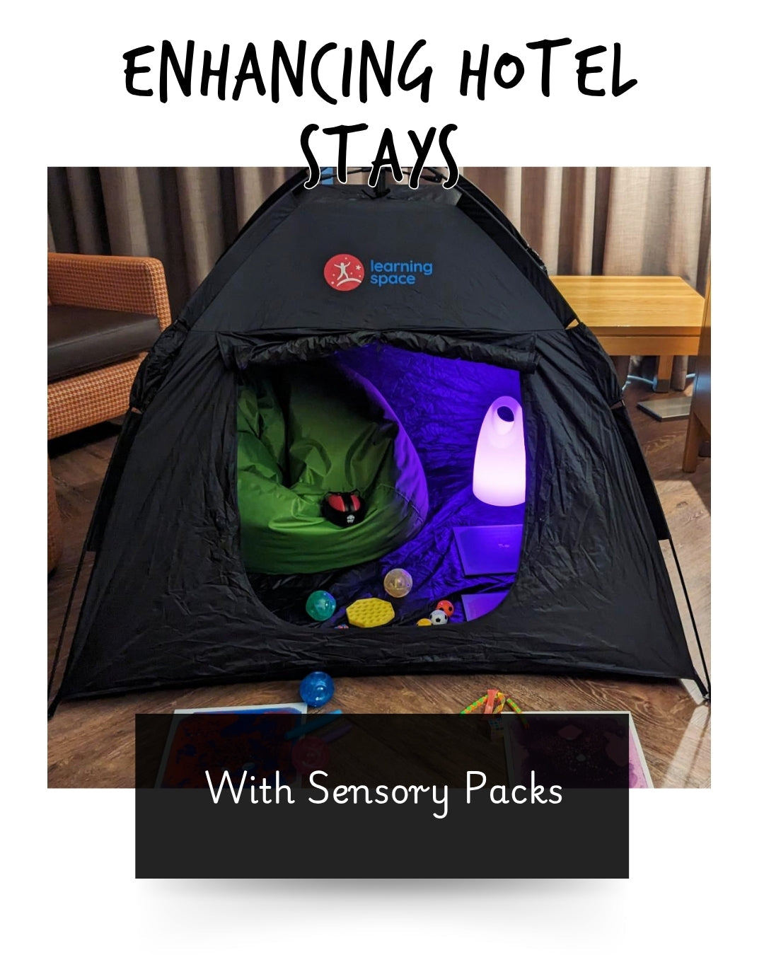 a sensory dark den displayed with a beanbag and light up toys inside