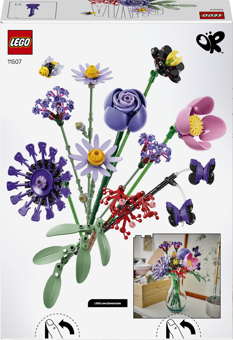 Dimensions of the LEGO Olivia Rodrigo's Flower Bouquet: 27cm high, 25.1cm wide and 24.9cm deep, shown against a minifigure
