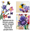 Close-ups of the LEGO Flower Bouquet showing references to Olivia's career, including guitar-shaped petals, red cherries and purple stars
