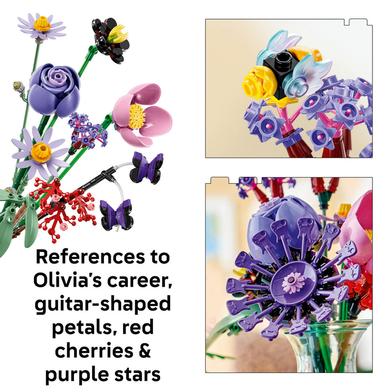 Close-ups of the LEGO Flower Bouquet showing references to Olivia's career, including guitar-shaped petals, red cherries and purple stars
