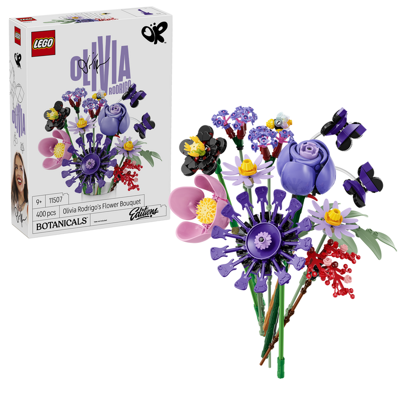 LEGO Botanicals and LEGO Editions Olivia Rodrigo's Flower Bouquet 11507, with its box and the built bouquet of purple, pink and red flowers
