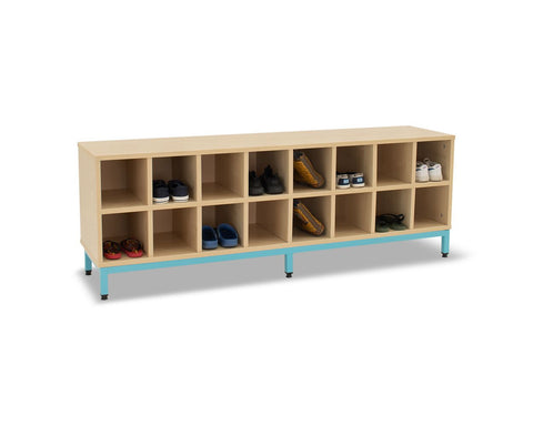16 Compartment Bench-Cloakroom,Dropship,Nursery,Shelves,Storage,Wellbeing Furniture-Maple-Cyan-MAPCH006/Cyan-Learning SPACE