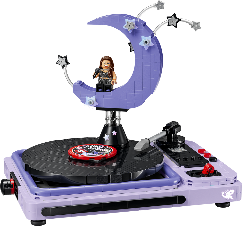 LEGO Editions Olivia Rodrigo's Concert Moon building set, a purple model record player with a crescent moon and an Olivia Rodrigo minifigure
