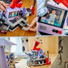 Collage of the LEGO Olivia Rodrigo's Secret Storage set showing its hidden drawer, the minifigure in the TV and the model on display
