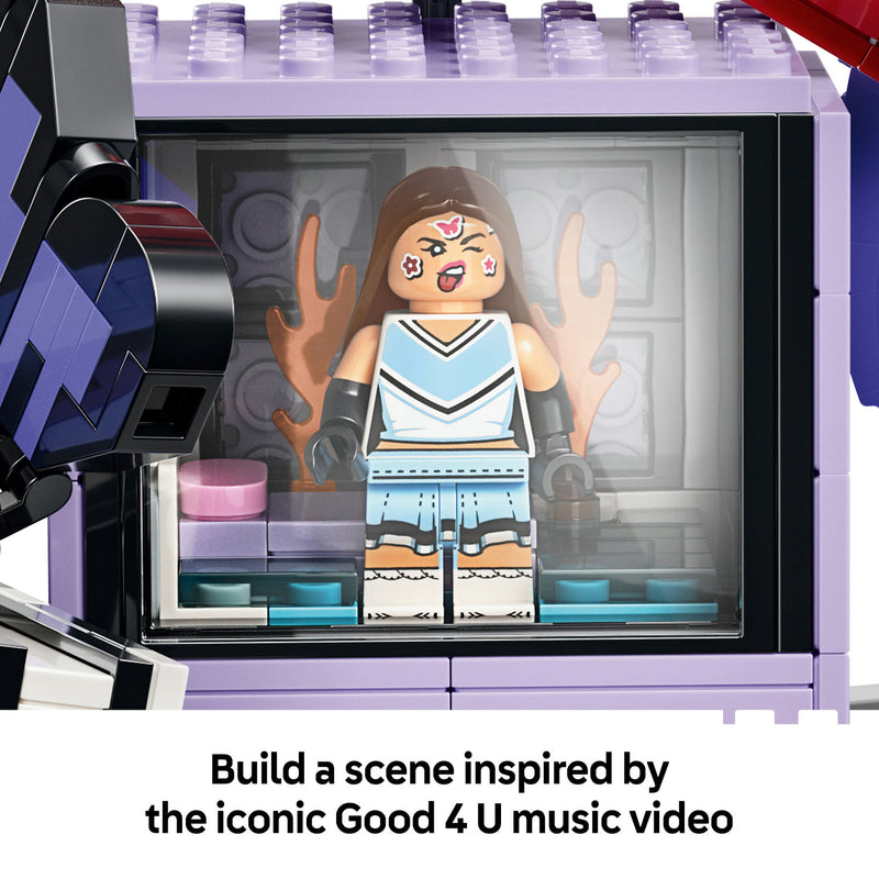 The Olivia Rodrigo minifigure displayed inside the TV in a scene inspired by the Good 4 U music video
