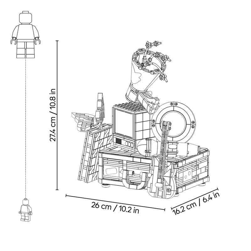 Dimensions of the LEGO Olivia Rodrigo's Secret Storage set: 27.4cm high, 26cm wide and 16.2cm deep, shown against a minifigure

