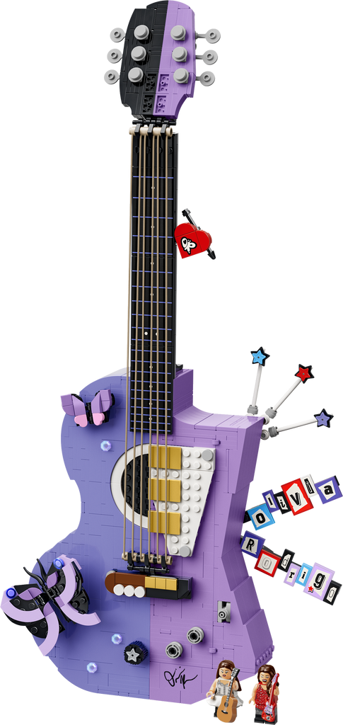 LEGO Editions Olivia Rodrigo's Dual Guitar 43031 built model combining electric and acoustic guitar designs in purple, with two Olivia Rodrigo minifigures
