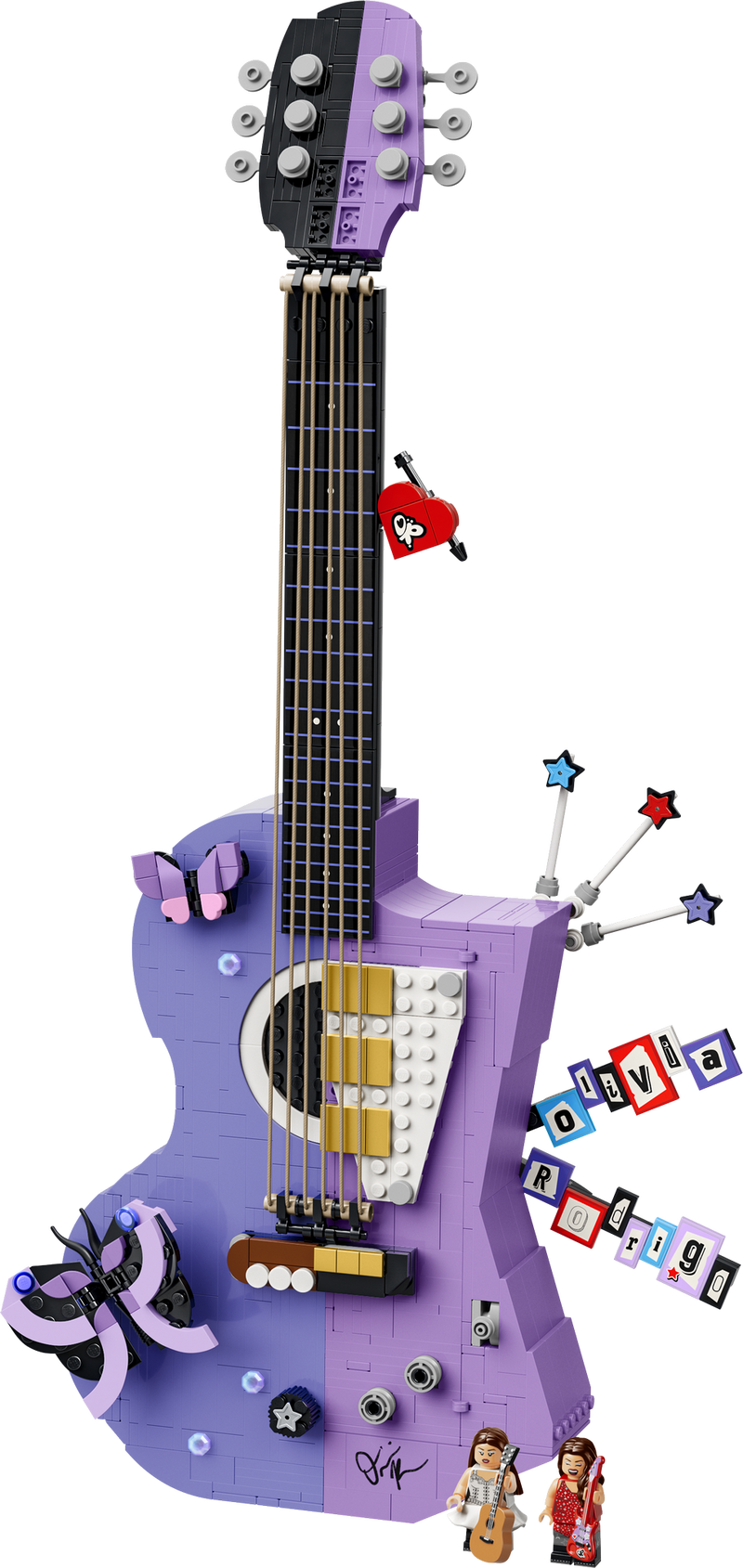 LEGO Editions Olivia Rodrigo's Dual Guitar 43031 built model combining electric and acoustic guitar designs in purple, with two Olivia Rodrigo minifigures
