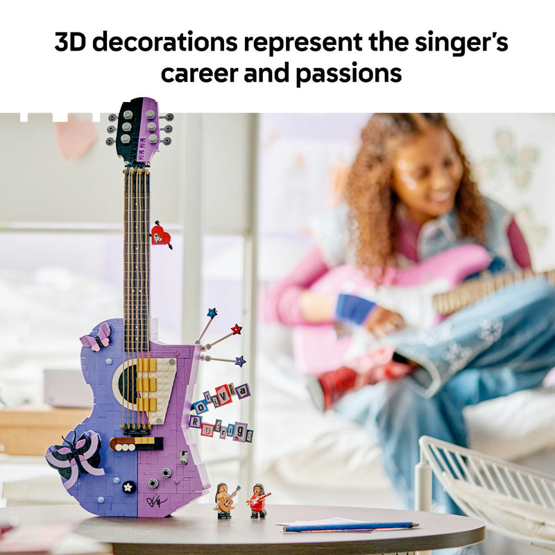 LEGO Olivia Rodrigo's Dual Guitar with 3D butterfly, star and name plaque decorations representing the singer's career and passions

