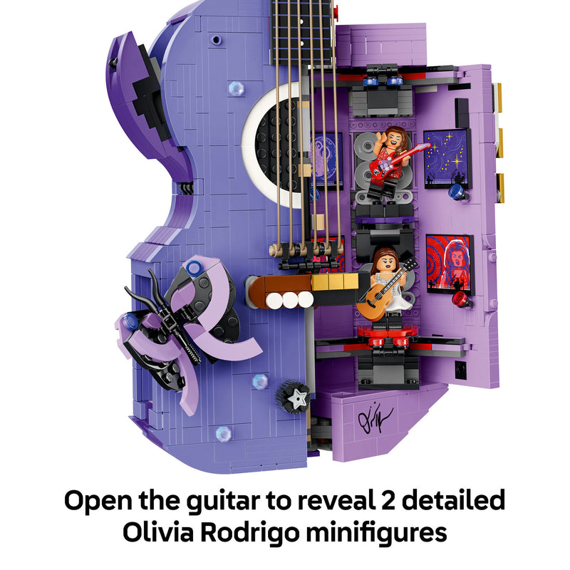 LEGO Olivia Rodrigo's Dual Guitar opened to reveal two detailed Olivia Rodrigo minifigures inside
