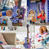 Collage of the LEGO Olivia Rodrigo's Dual Guitar set showing the hidden dressing room scene, two Olivia Rodrigo minifigures with guitars and the completed display model

