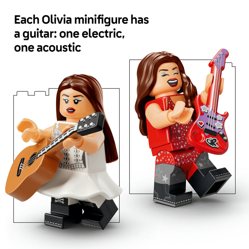 Two Olivia Rodrigo LEGO minifigures, each holding a guitar: one electric and one acoustic
