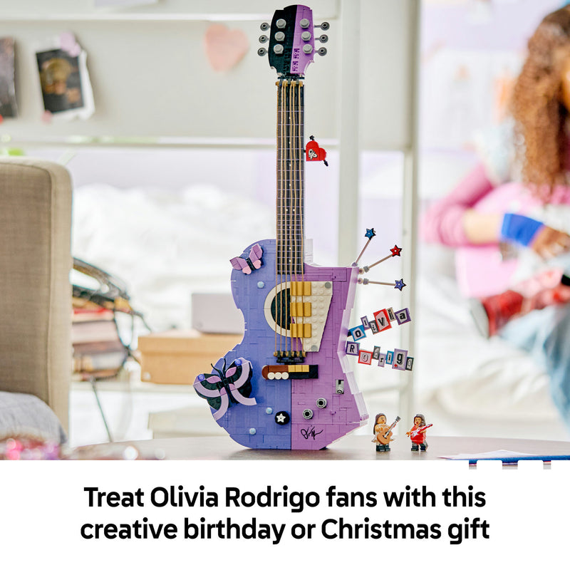 LEGO Olivia Rodrigo's Dual Guitar displayed on a table, a creative birthday or Christmas gift for Olivia Rodrigo fans
