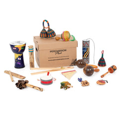 Percussion Plus World Rhythm Pack with assorted musical instruments and cardboard storage box