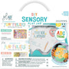 back of the Glo Pals ABC sensory jar gift box showing the blue jar, Fun Fillers, age 3+ and battery requirements