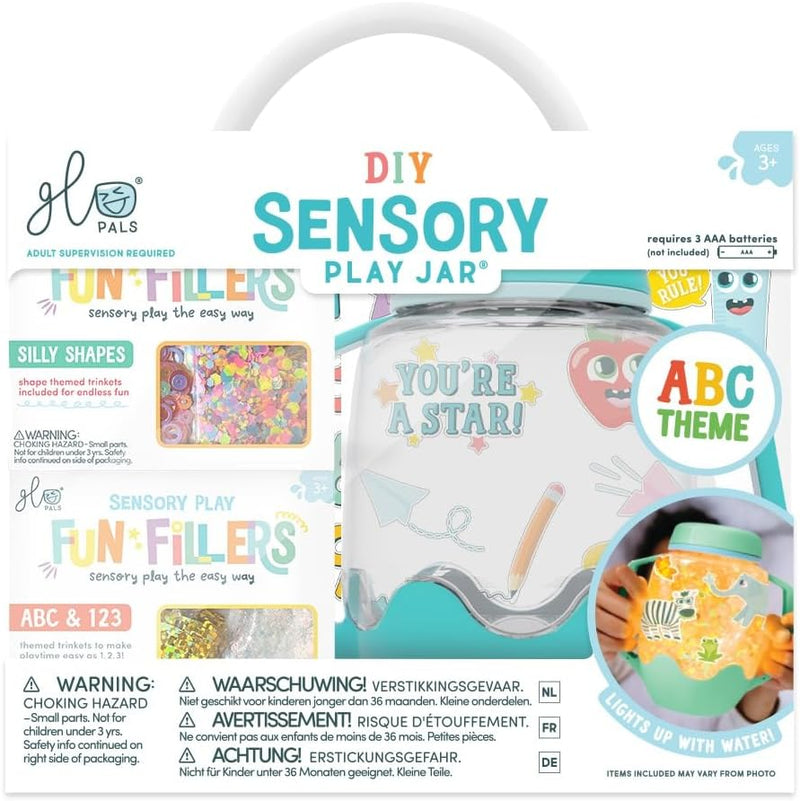 back of the Glo Pals ABC sensory jar gift box showing the blue jar, Fun Fillers, age 3+ and battery requirements