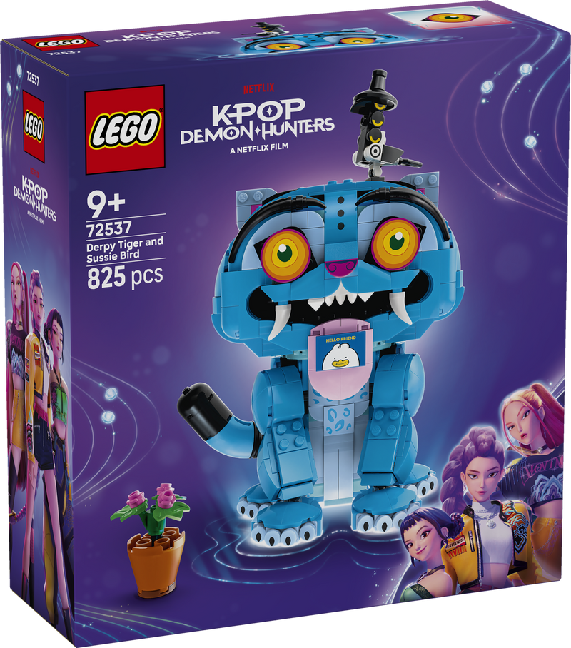 Front of the LEGO KPop Demon Hunters Derpy Tiger and Sussie Bird box, set 72537 with 825 pieces for ages 9+
