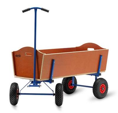 BERG Beach Wagon L with wooden body and blue pull handle, front three-quarter view