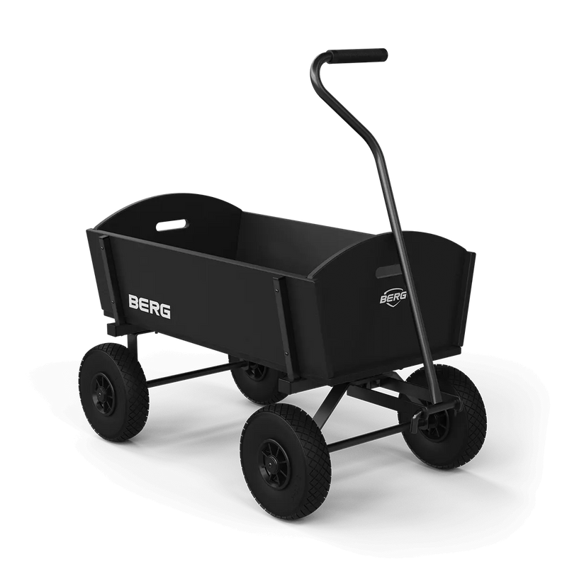 BERG Beach Wagon L Black showing the wooden body, four wheels and upright pull handle