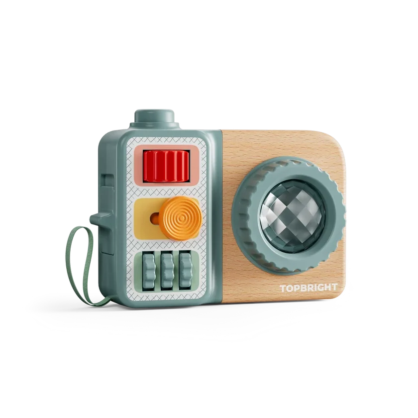 Busy Camera activity toy with a prism lens, colourful sliders, rollers and a wrist strap