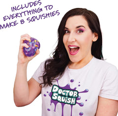 A woman with dark hair holds a purple glittery squishy ball, wearing a white t-shirt with a purple 'Doctor Squish' logo. Purple text in the top left corner reads 'INCLUDES EVERYTHING TO MAKE 8 SQUISHIES'.