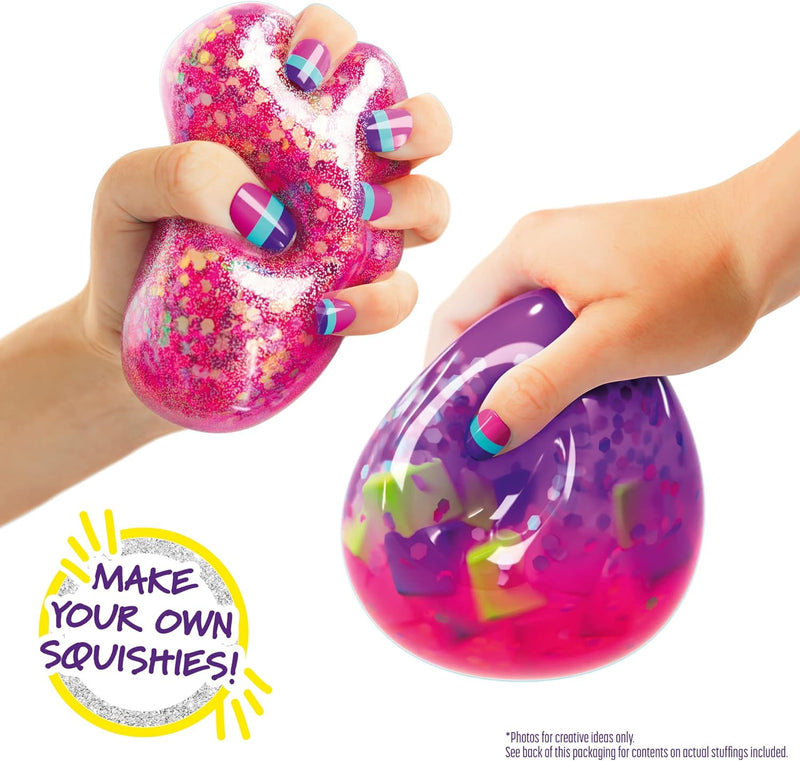 Two hands squeezing colorful glittery and wavy stress squishies against a white background, with a badge that reads 'MAKE YOUR OWN SQUISHIES!'.