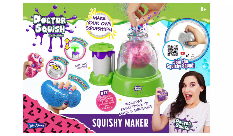 Doctor Squishy Squishy Maker toy kit packaging featuring a green and purple squishy maker machine, colourful demonstration graphics, and a smiling woman holding a pink squishy on the front.