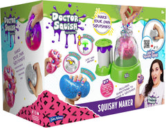 Doctor Squishy Squishy Maker toy kit retail box shown at a slight angle, featuring bright green, white, pink, and purple graphics with product photos and instructions on the front and side.