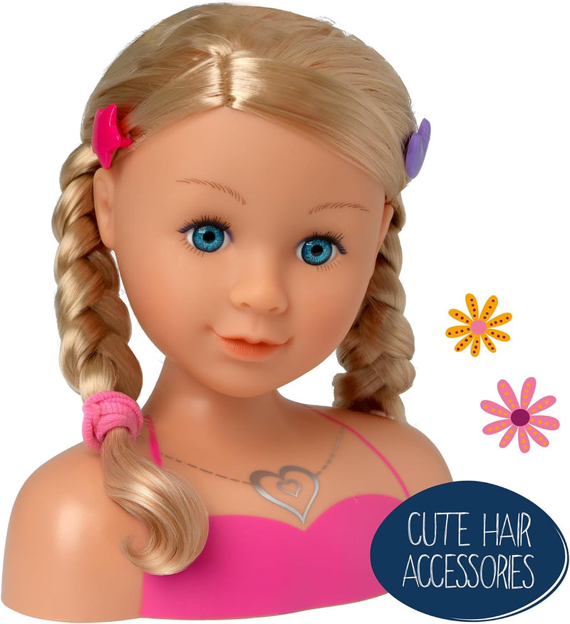 A blonde doll bust with braided pigtails, blue eyes, and a pink top, shown against a white background with two flower graphics and a blue badge reading 'CUTE HAIR ACCESSORIES.'.