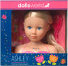 Dolls World Ashley styling head playset in its original retail packaging, featuring a blonde doll with blue eyes and a pink top, with a pink hairbrush and other accessories visible inside.