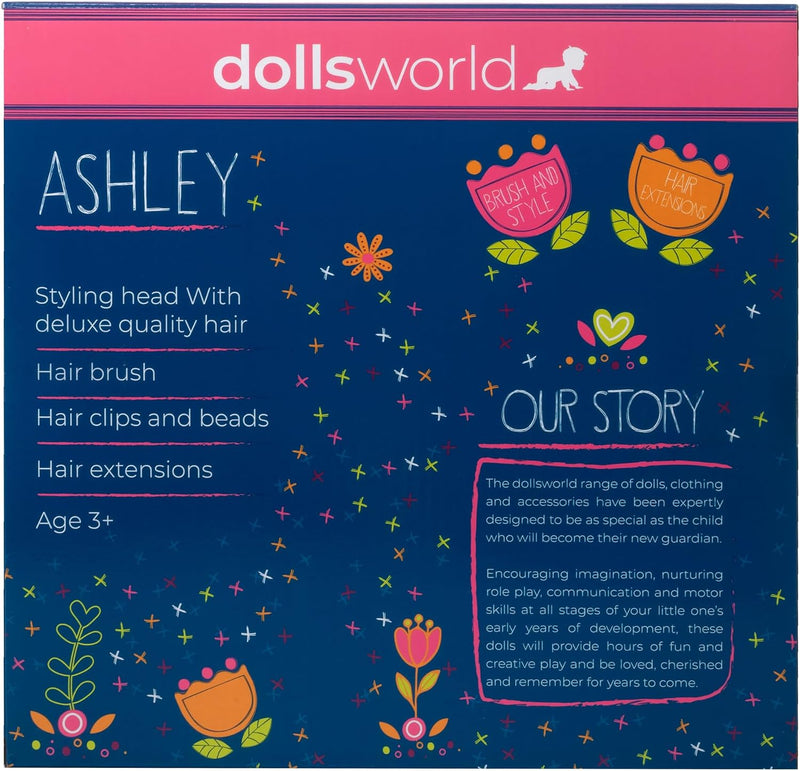 Front of a Dollsworld Ashley doll clothing and accessories gift set box, featuring a dark blue background with colorful floral illustrations, product list text, and the Dollsworld logo at the top.