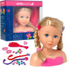 Dolls World styling head player set featuring a blonde doll bust with braided hair, pink top, and accessories including a pink comb, hair clips, rings, and colorful beads, shown next to its blue and pink retail box on a white background.
