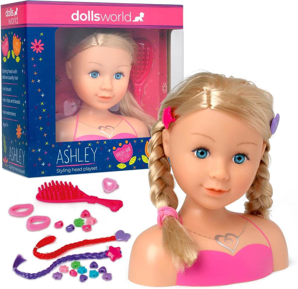 Dolls World styling head player set featuring a blonde doll bust with braided hair, pink top, and accessories including a pink comb, hair clips, rings, and colorful beads, shown next to its blue and pink retail box on a white background.