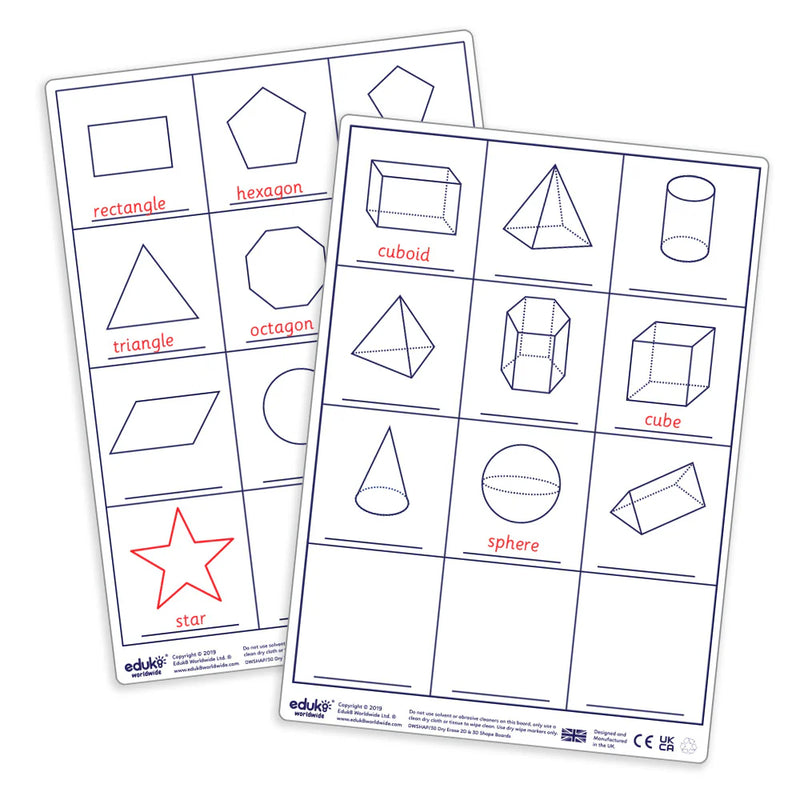 Dry Erase Pupils 2D/3D Shape Boards Pack of 30, Learning SPACE