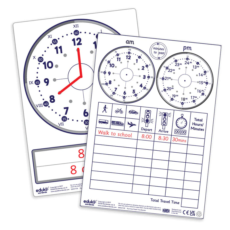 Dry Erase Pupils Time Boards A4 Pack of 30, Learning SPACE