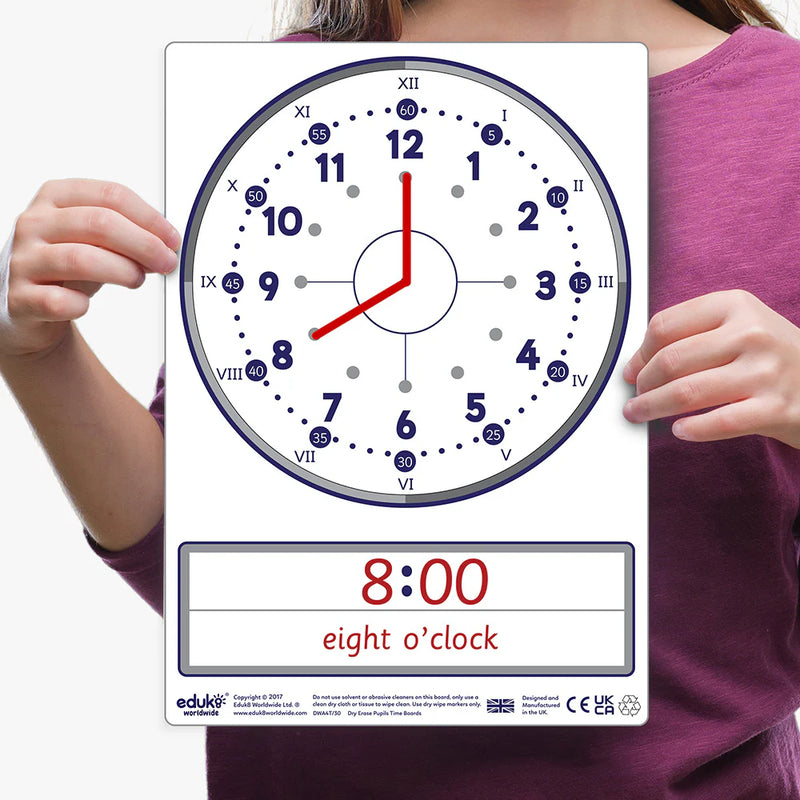 Dry Erase Pupils Time Boards A4 Pack of 30, Learning SPACE