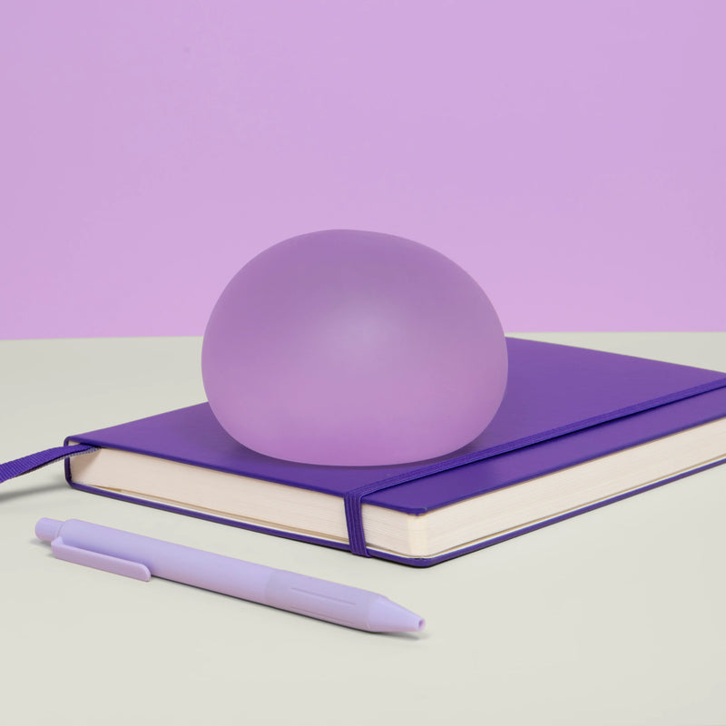 Speks Gump Jumbo Mist stress ball resting on a purple notebook with a pen
