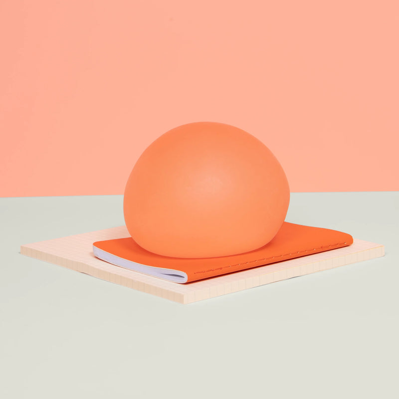 Speks Gump Jumbo Reef stress ball resting on an orange notebook

