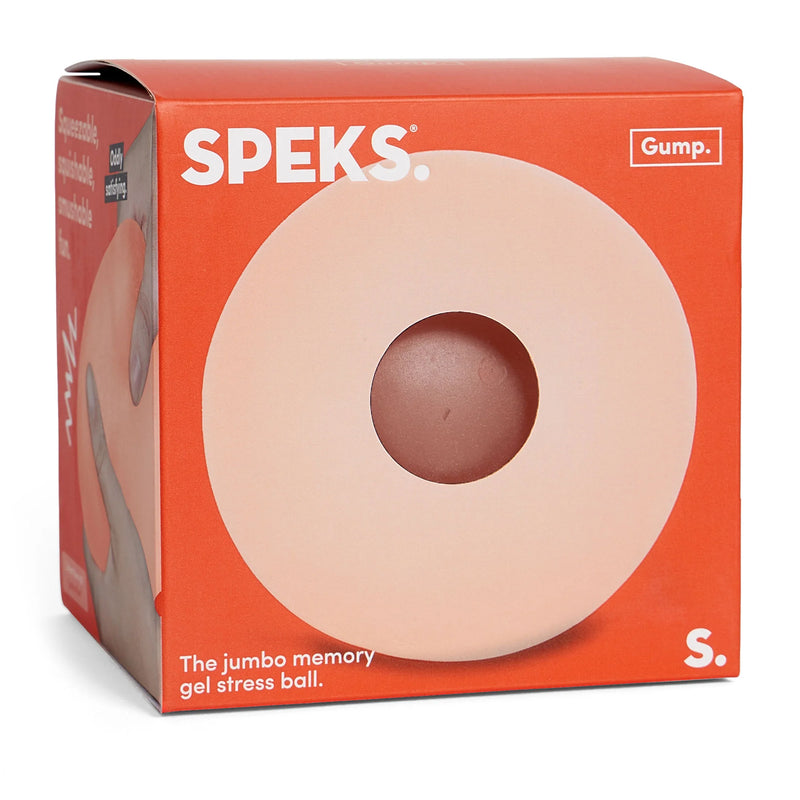 Speks Gump Jumbo Reef memory gel stress ball in its orange SPEKS retail box
