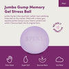 Jumbo Gump Memory Gel Stress Ball infographic highlighting palm sized, super soft, bounces back and gel filled
