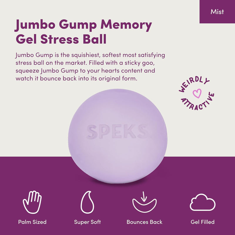 Jumbo Gump Memory Gel Stress Ball infographic highlighting palm sized, super soft, bounces back and gel filled
