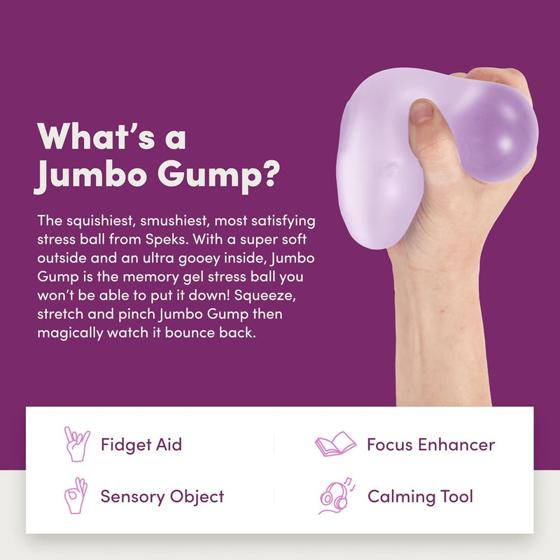 What's a Jumbo Gump? infographic explaining the Speks Jumbo Gump memory gel stress ball
