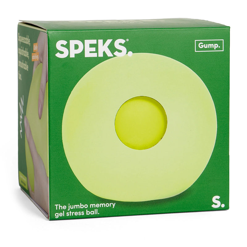 Speks Gump Jumbo Algae memory gel stress ball in its green SPEKS retail box
