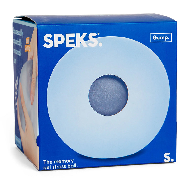 Speks Gump Jumbo Dew memory gel stress ball in its blue SPEKS retail box

