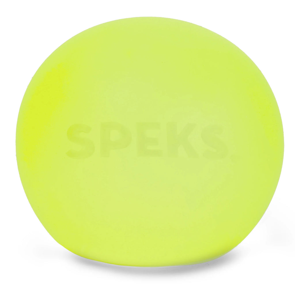 Speks Gump Jumbo memory gel stress ball in Algae green, a lime green squishy ball on a white background
