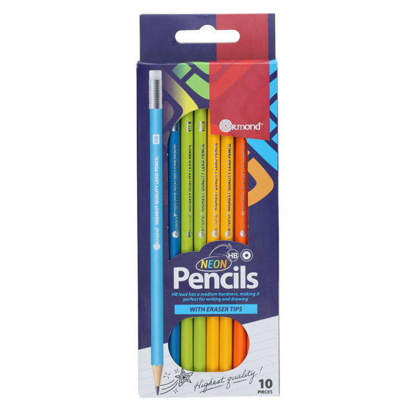 HB Rubber Tipped Pencils - Pack of 10 Neon, Stationery Learning SPACE