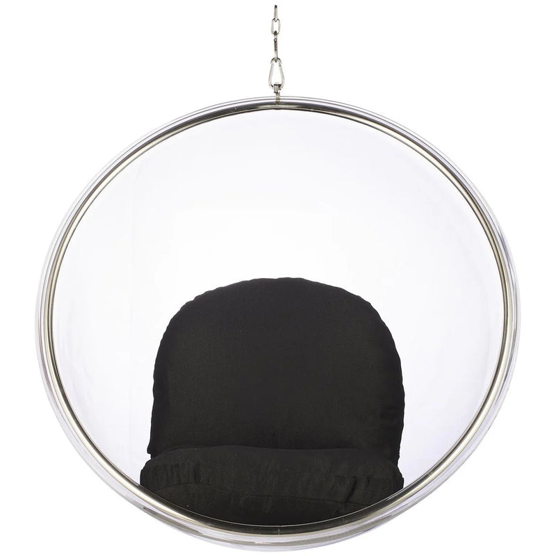 A modern hanging bubble chair with a clear circular acrylic or glass shell, a polished silver metal frame, and a black cushioned seat, suspended by a chain against a white background.